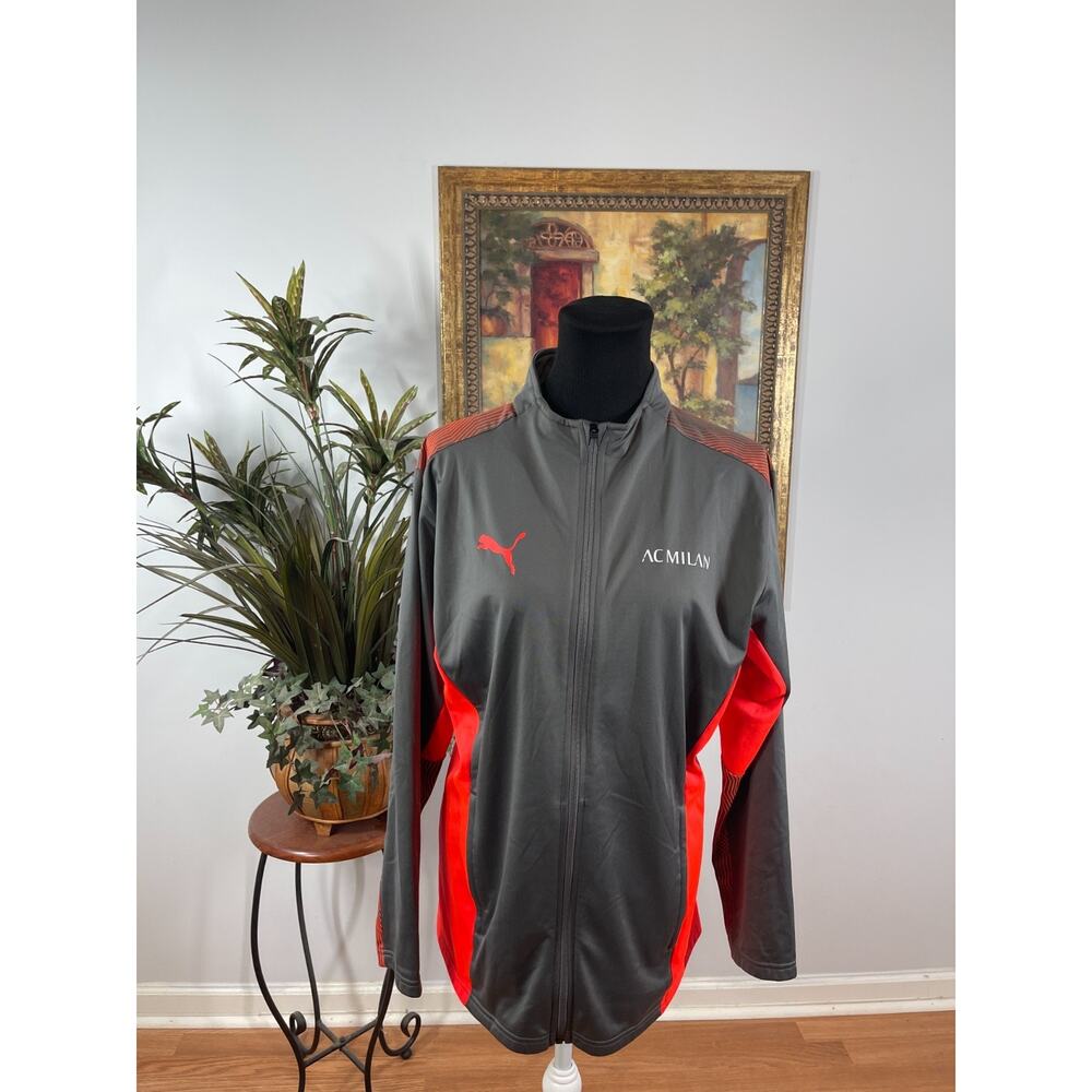 PUMA Track Jacket Men's Medium Gray Orange Logo Full Zipper Sportcore Athleisure